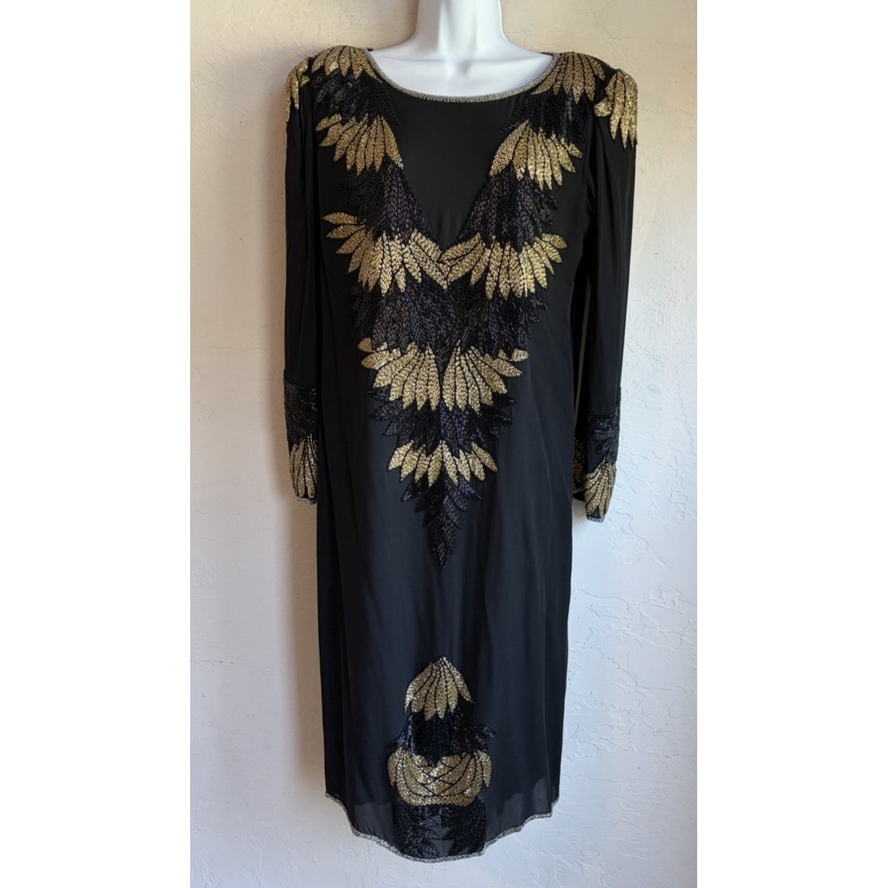 Vintage Mark Cheung 100% Silk Glass Beaded Dress L Luxury Glam Art Deco Designer